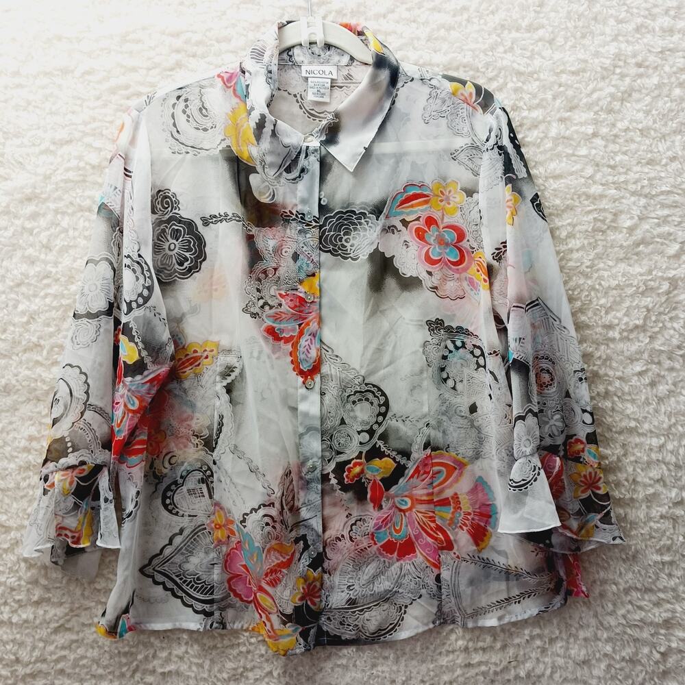 Blouse Button Up See Through Floral Whimsycore Romantic Cottage Fairy Size XL